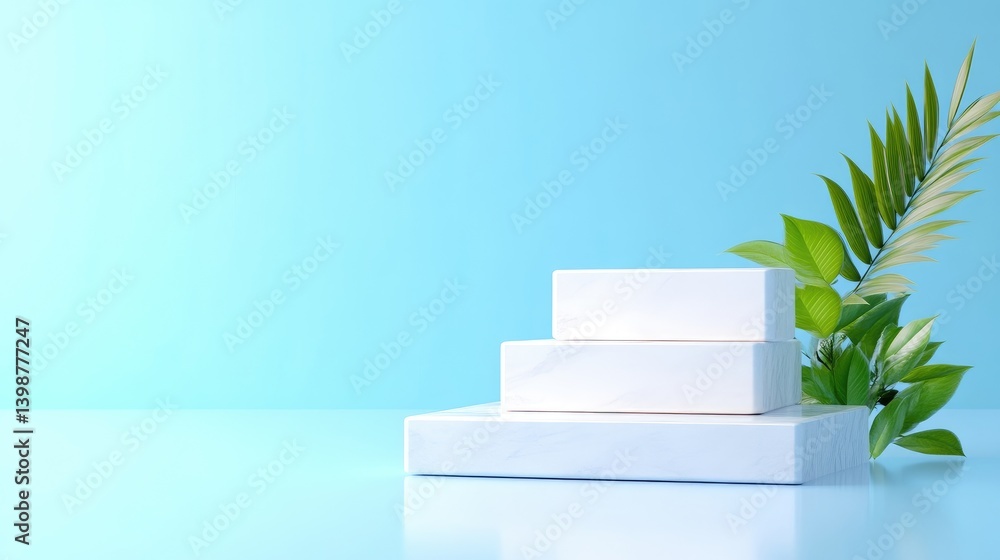 Poster white product display platforms with greenery minimalist clean style high-resolution studio lighting