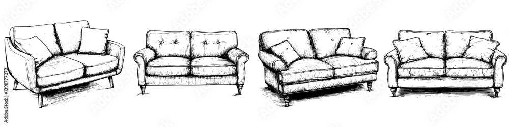 Poster various styles of sofas displayed in a row, showcasing unique designs and textures suitable for livi