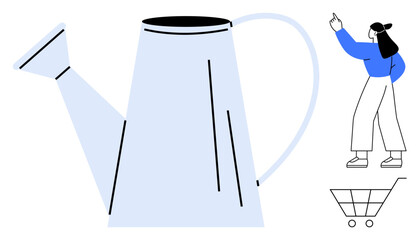Oversized watering can next to a woman gesturing towards it with an empty shopping cart. Ideal for gardening, eco-friendly lifestyle, shopping, sustainability, environmental care, growth, simplicity