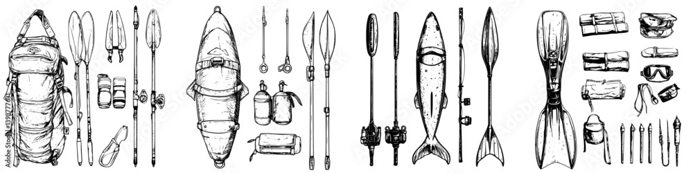 Poster Exploring underwater adventures with an array of spearfishing gear and accessories displayed on a simple background