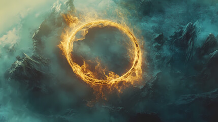 Ethereal mist swirls around glinting metal ring, mist, swirling, mystic. Luminous Metal. Illustration