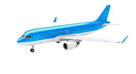 A blue and white passenger airplane isolated on a black background showing its wings and fuselage