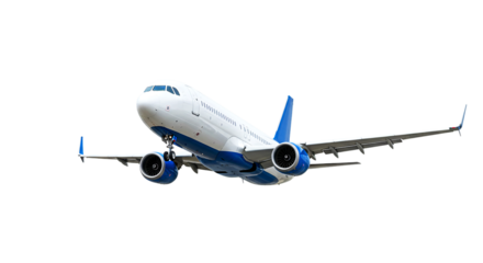 A white and blue commercial airplane in flight with visible engines and landing gear extended ready to land