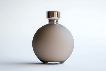 Obraz premium A stylish, round perfume bottle with a soft matte finish, subtle light reflections, and a contemporary metallic cap, floating on a bright white background.
