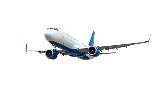 A white and blue commercial airplane in flight with visible engines and landing gear extended ready to land