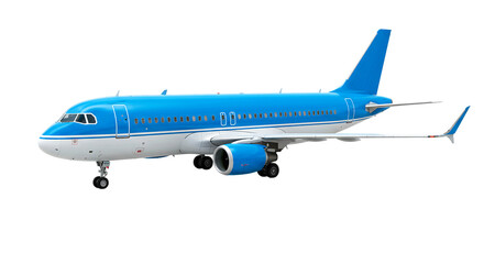 A blue and white passenger airplane isolated on a black background in a side view shot