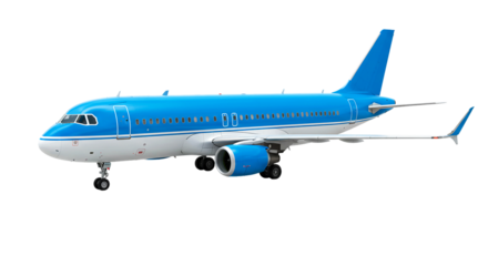 A blue and white passenger airplane isolated on a black background in a side view shot