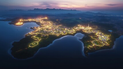 Aerial view of a coastal city illuminated at night.