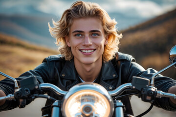 Fototapeta premium Portrait of a young blond man with blue eyes and curly hair on a motorcycle.