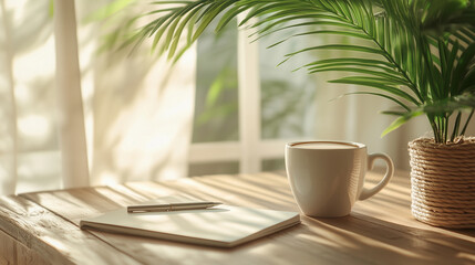 A notebook and pen with a coffee cup on a wooden desk