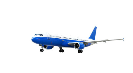 Fototapeta premium A blue and white passenger airplane on the ground against a black background in a side view shot