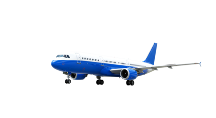 A blue and white passenger airplane on the ground against a black background in a side view shot
