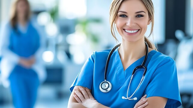 A confident medical professional wearing a blue scrubs uniform with a stethoscope.