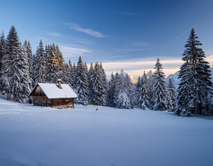 A traditional Slovenian log cabin surrounded by pine forests, captured during a serene snowy winter morning.