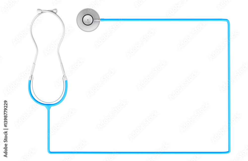 Poster blue stethoscope as frame for text, 3d rendering isolated on transparent background