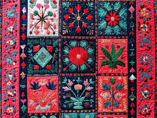 Colorful quilt with embroidered floral and geometric designs, showcasing intricate needlework and a vibrant, handcrafted aesthetic.