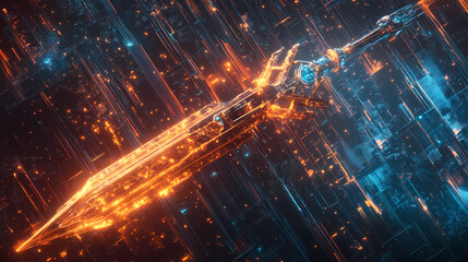 Fototapeta premium A cybernetic spear forged from quantum energy, said to control the flow of time itself in the digital pantheon. Quantum Forged. Illustration