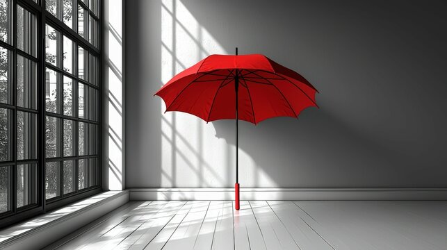 Open red umbrella indoors evokes superstition in a minimalist light gray room - Powered by Adobe