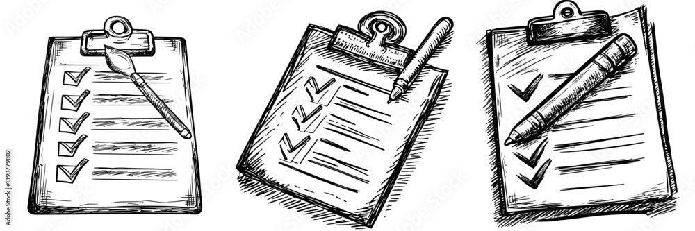 Aufkleber checklist set with varying designs showcasing completion marks and writing tools in a creative sketc