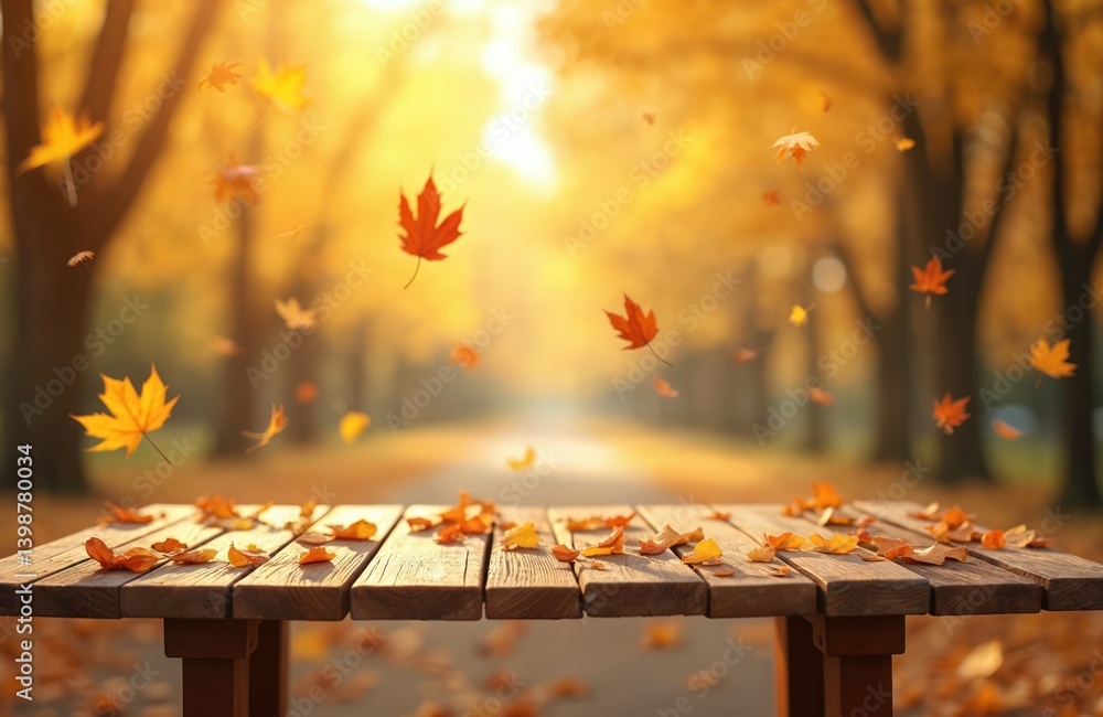 Poster wooden table with autumn background, golden-yellow bokeh light, falling leaves in the air. sunny fal
