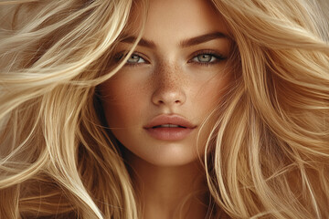 Fototapeta premium Captivating portrait of a woman with flowing blonde hair
