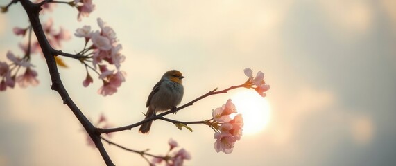 Small bird perched on a blossoming branch, illuminated by a warm, soft glow of the rising or setting sun.