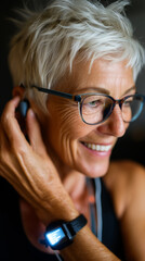 Senior woman with a hearing aid effortlessly using a smartwatch to track her fitness