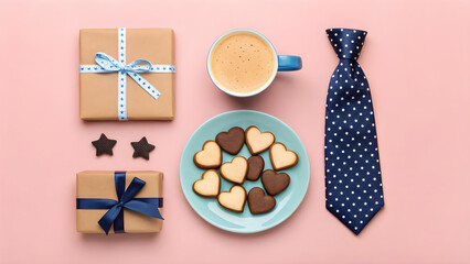 Father's Day flatlay, gift boxes, coffee mug, polka dot tie, cookies on plate, pastel pink background, overhead view, 