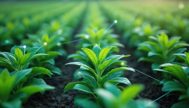 Green plants field with digital network overlay represents modern farming tech. Automated agriculture smart farming eco-friendly. Innovation growth future development. - Powered by Adobe