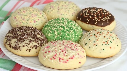Assorted decorated cookies on a white plate.