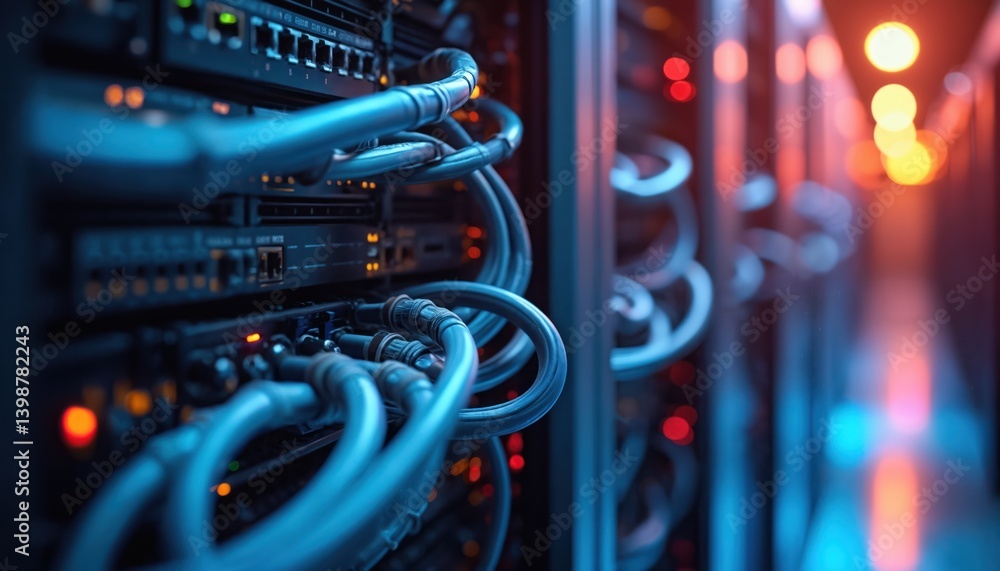 Poster Abstract tech photo of network cables, racks with servers in data center. Modern cyberspace design, high-tech concept. Blue light, servers, switch, network connection. Data transfer process, digital