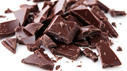 Chocolate shards with crisp edges and natural glossy highlights scattered randomly on a smooth white background.