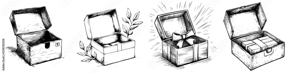 Aufkleber various types of open boxes displaying contents and plants in an illustrated style