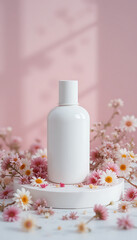 Elegant cosmetic bottle with soft flower petals and pink tones, minimal and clean