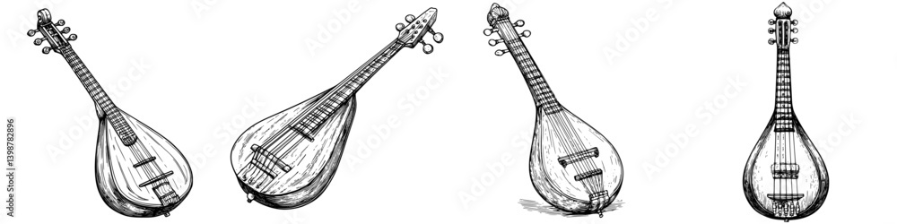 Aufkleber collection of traditional string instruments displayed with intricate designs and varying shapes