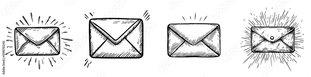 Poster creative sketches of envelopes with dynamic elements illustrating communication themes