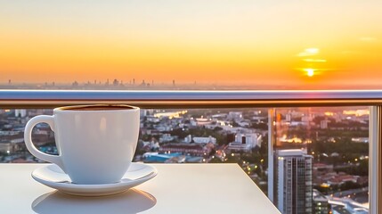 A cup of coffee enjoyed on a rooftop terrace at sunset over the city.