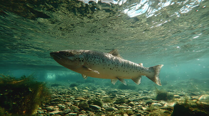 Fototapeta premium A serene underwater scene showcasing a salmon gliding through clear river waters, exuding tranquility and grace.