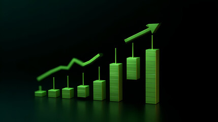 Ascending Green 3D Candlestick Chart on Dark Background - Symbolizing Financial Growth and Stock Market Success