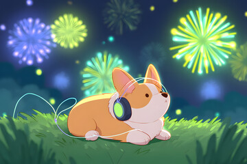 Naklejka premium Corgi enjoys fireworks while listening to music on a peaceful summer night in a vibrant outdoor setting 4th of July