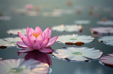 Pink lotus flower in water, early morning. Blooming aquatic plant with large leaves. Pink lotus bloom lake reflecting in water. Nature background for spa, meditation, yoga, zen.