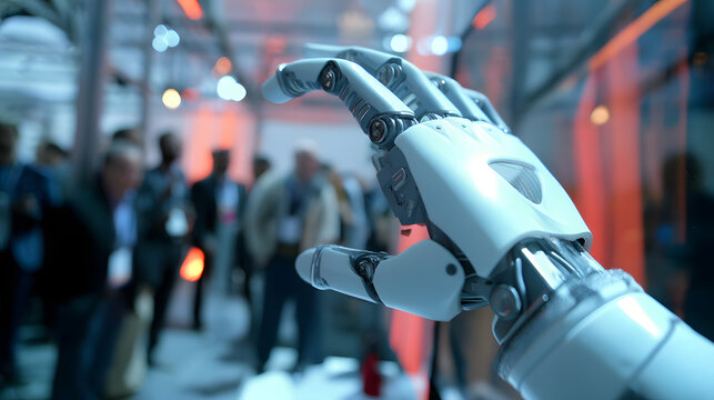 A sleek robotic hand emerges from a display, symbolizing innovation and human connection.