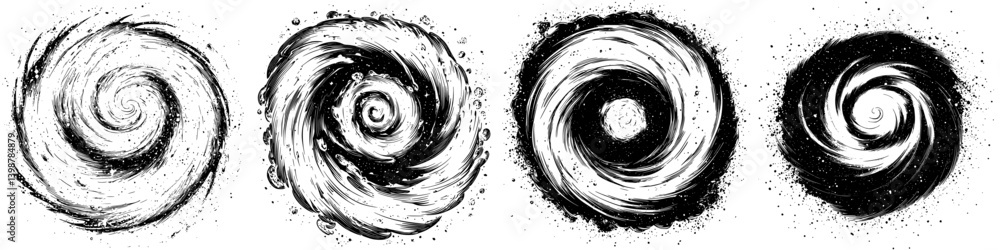 Poster dynamic swirling patterns representing motion and energy in abstract art showcased in black and whit