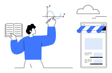 Person holding a book and marking graph on axis with pen, next to digital store page. Ideal for learning, research, analytics, online shopping, technology, education e-commerce. Flat simple metaphor