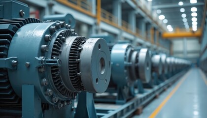 Fototapeta premium Industrial machines with large electric motors in modern manufacturing facility. High-tech factory with power generation and engineering equipment. Production line, industry, tech, innovation.