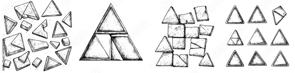 Poster artistic arrangement of geometric shapes featuring triangles and broken fragments on a plain backgro
