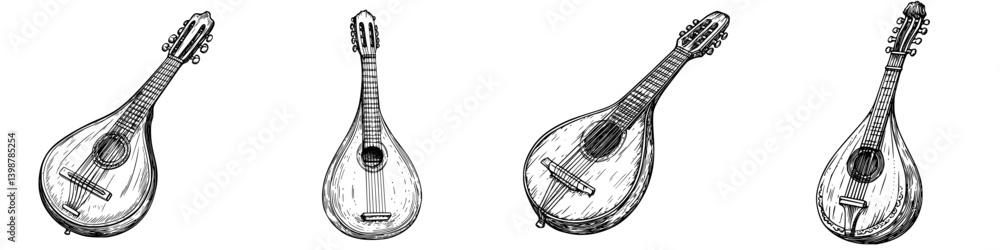 Poster Hand-drawn sketches of four unique string instruments displayed in a row in a decorative style