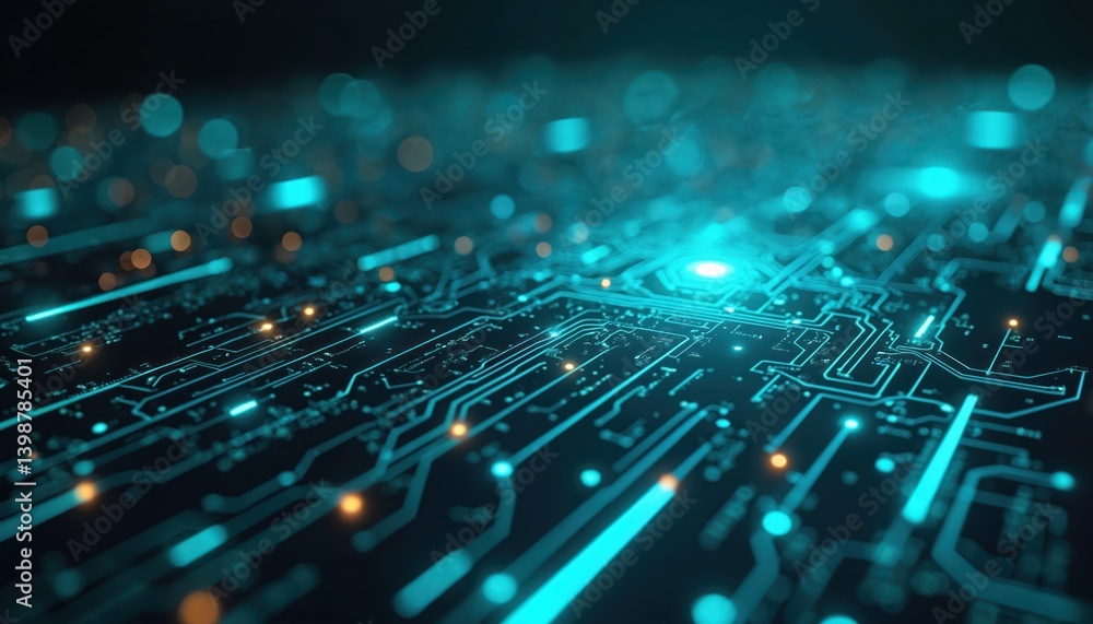 Poster futuristic tech background, detailed circuit board design with luminous lines. blue, green neon glow