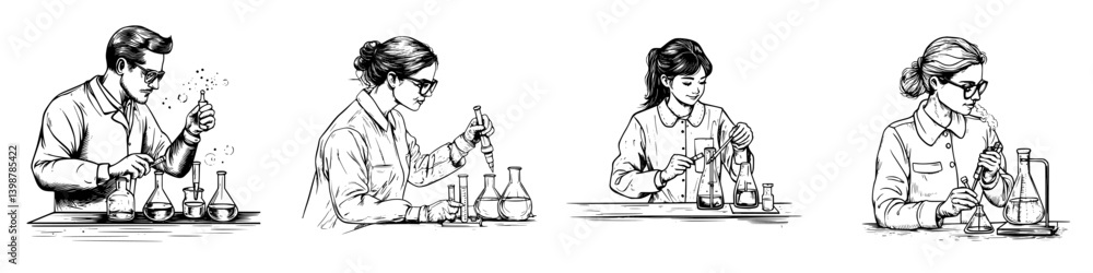 Poster laboratory scientists conducting experiments with various glassware in a research setting during day