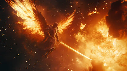 Warrior angel with incandescent wings emerges amidst cosmic fire and celestial sparks. Supernova Sword. Illustration